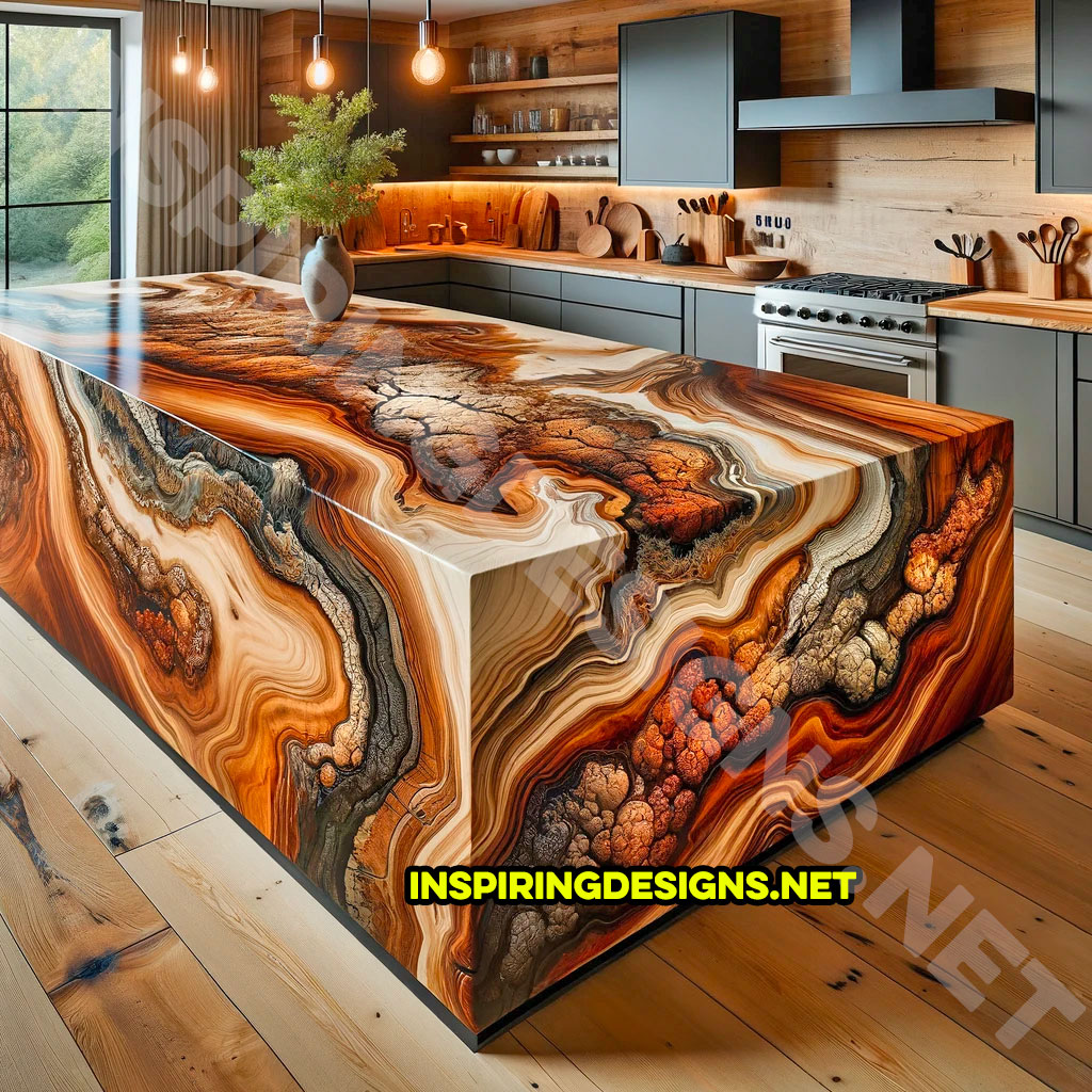 Wood and Epoxy Kitchen Island Featuring an abstract wood Design