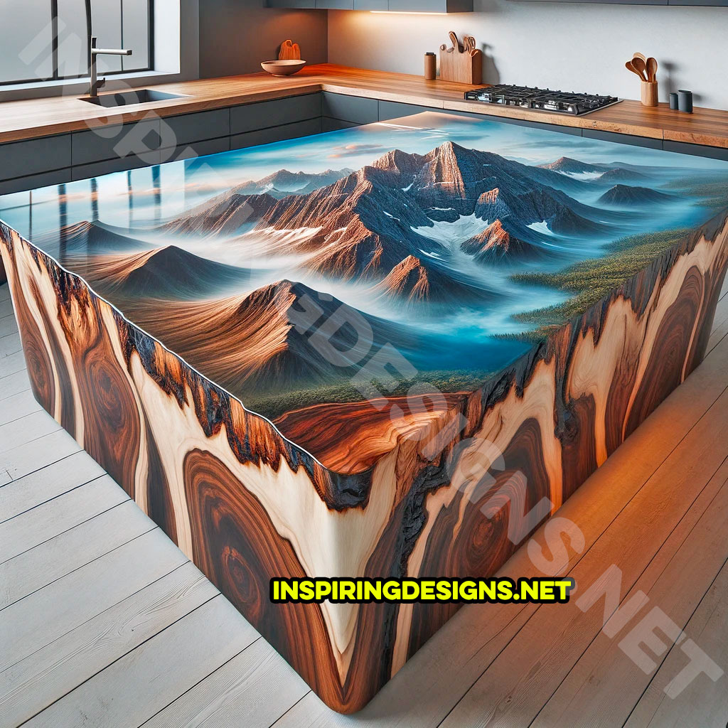 Wood and Epoxy Kitchen Island Featuring a mountain landscape Design