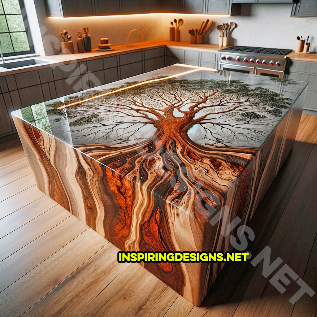 Wood and Epoxy Kitchen Island Featuring a Tree Design
