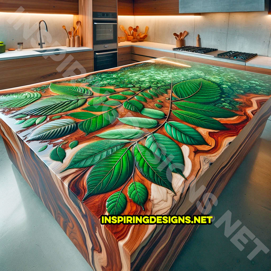 Wood and Epoxy Kitchen Island Featuring a nature and leaf Design