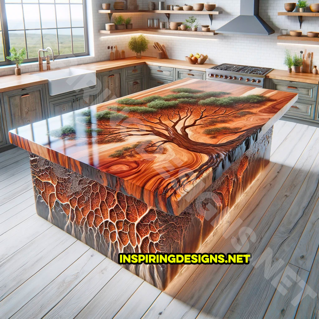 Wood and Epoxy Kitchen Island Featuring a Tree Design