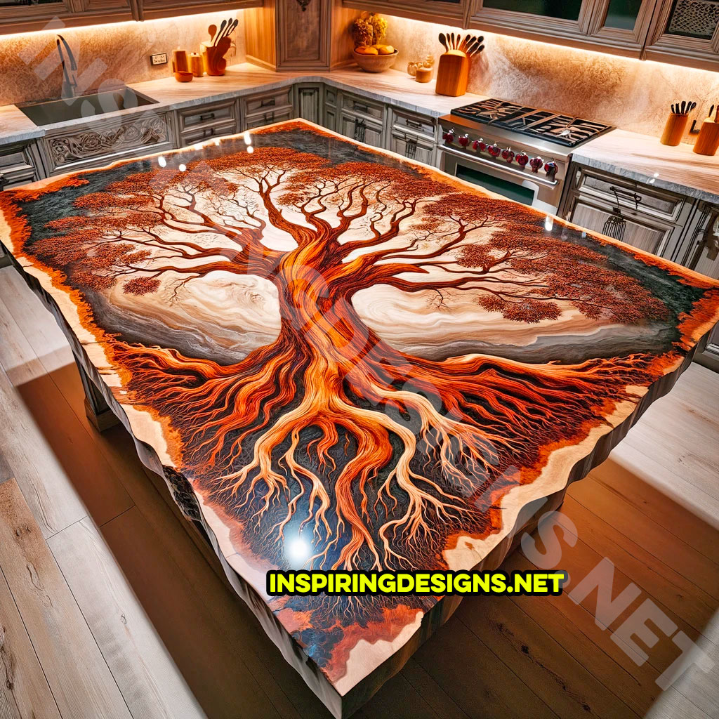 Wood and Epoxy Kitchen Island Featuring a Tree Design