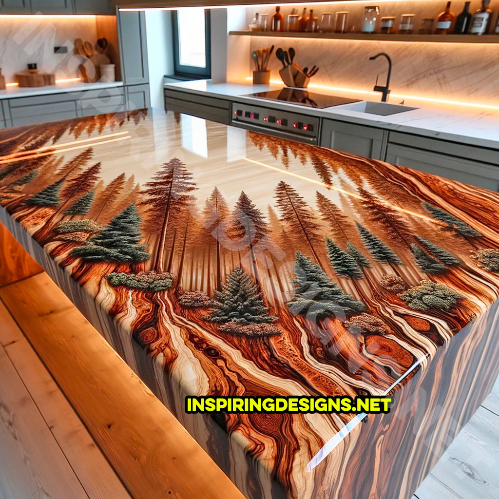 Wood and Epoxy Kitchen Island Featuring a Forest Design