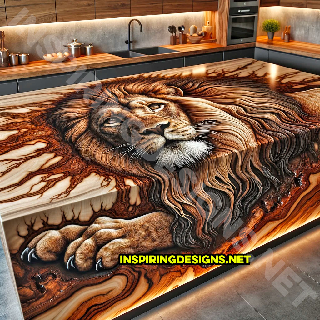 Wood and Epoxy Kitchen Island Featuring a lion Design