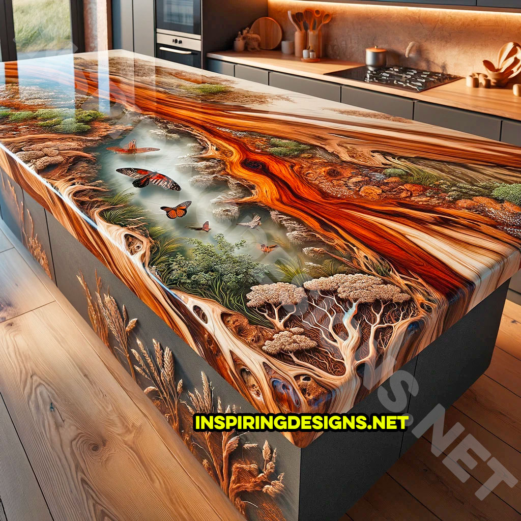 Wood and Epoxy Kitchen Island Featuring a nature Design