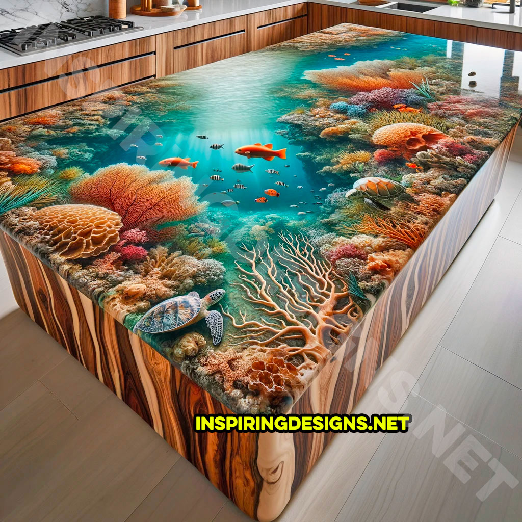 Wood and Epoxy Kitchen Island Featuring an underwater sea life Design