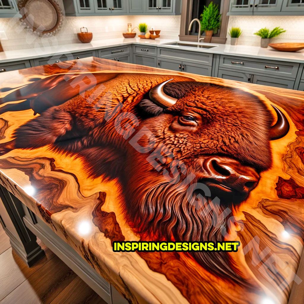 Wood and Epoxy Kitchen Island Featuring a bison Design