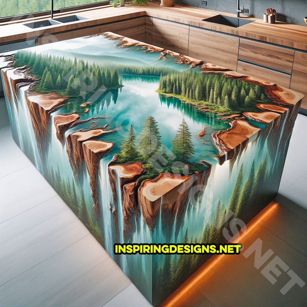 Wood and Epoxy Kitchen Island Featuring a lake in a forest Design