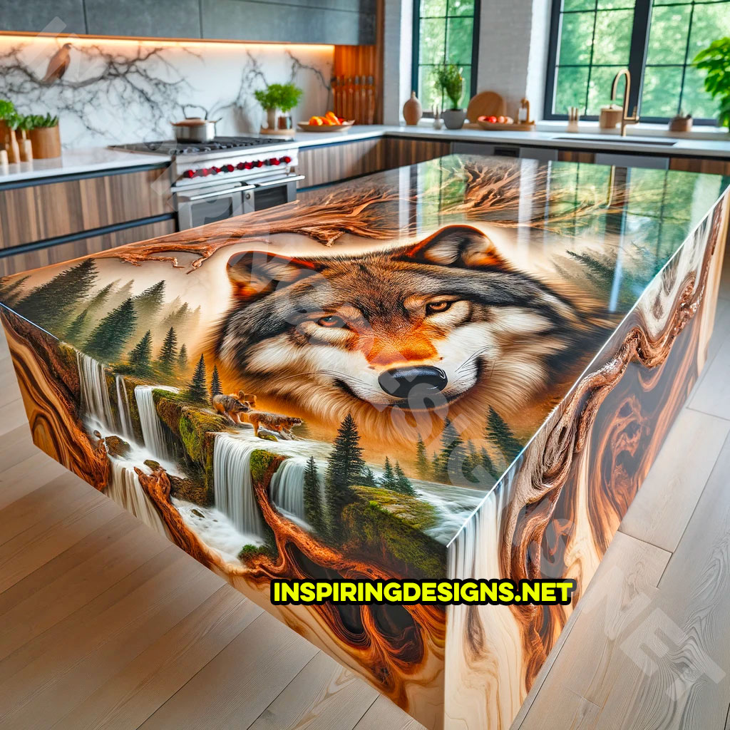 Wood and Epoxy Kitchen Island Featuring a wolf Design