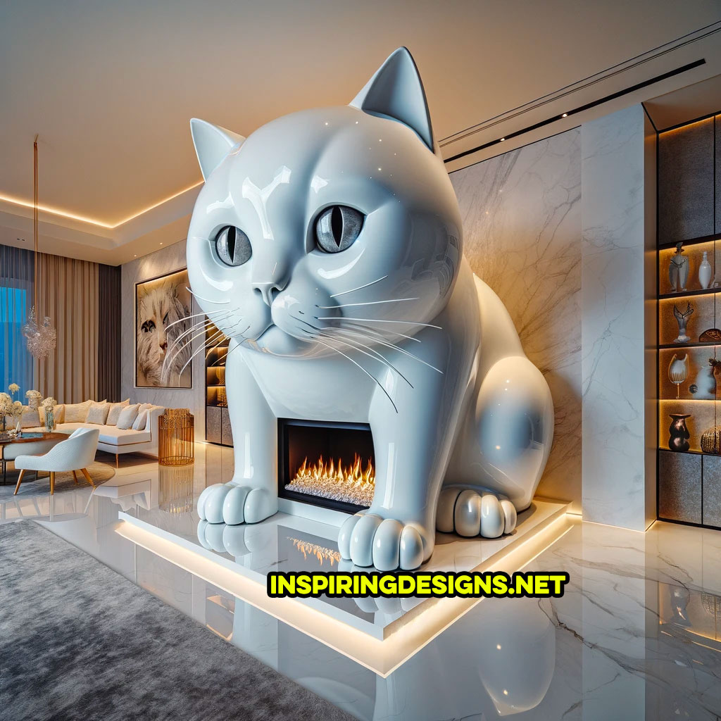 Giant white cat shaped fireplace