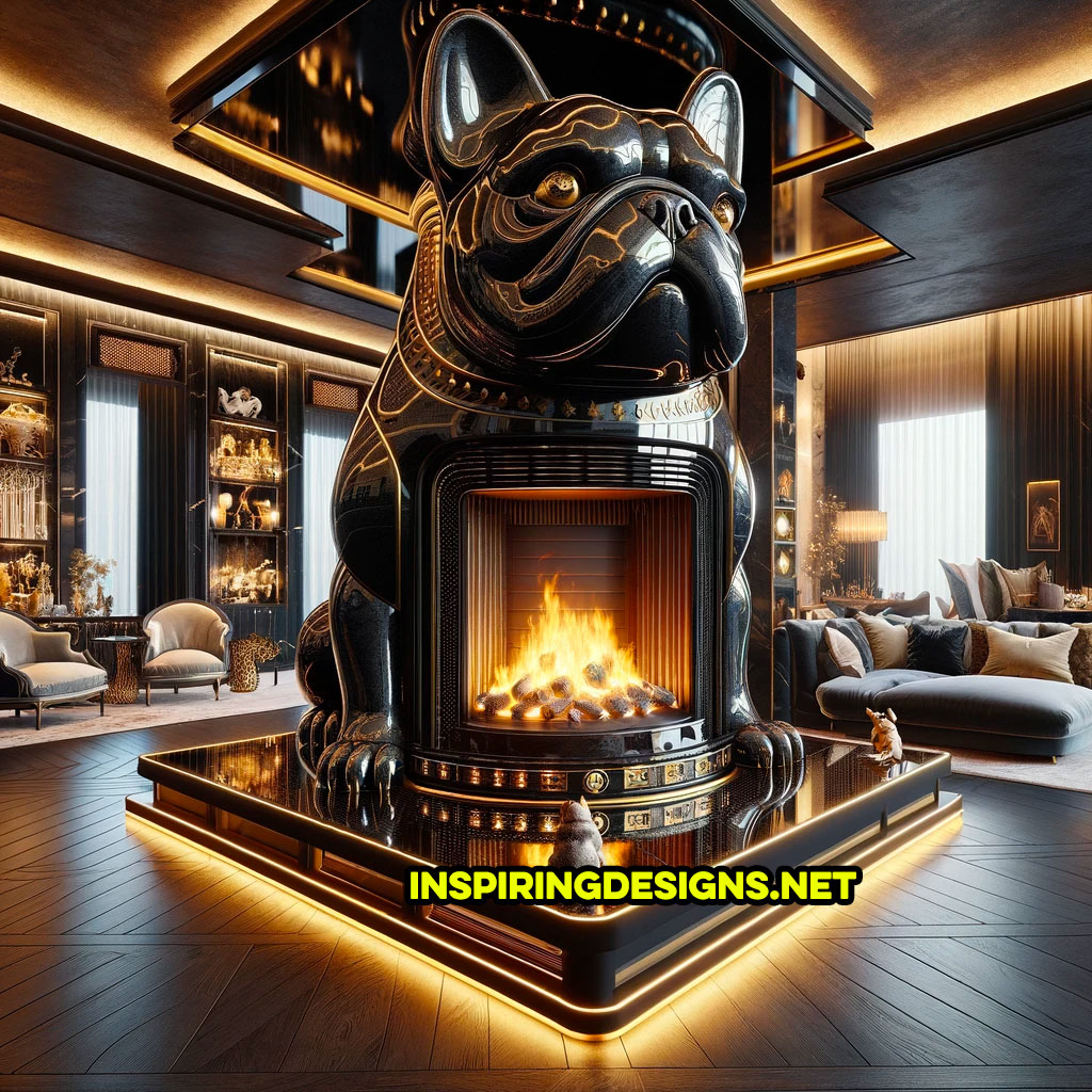 Giant french bulldog shaped fireplace