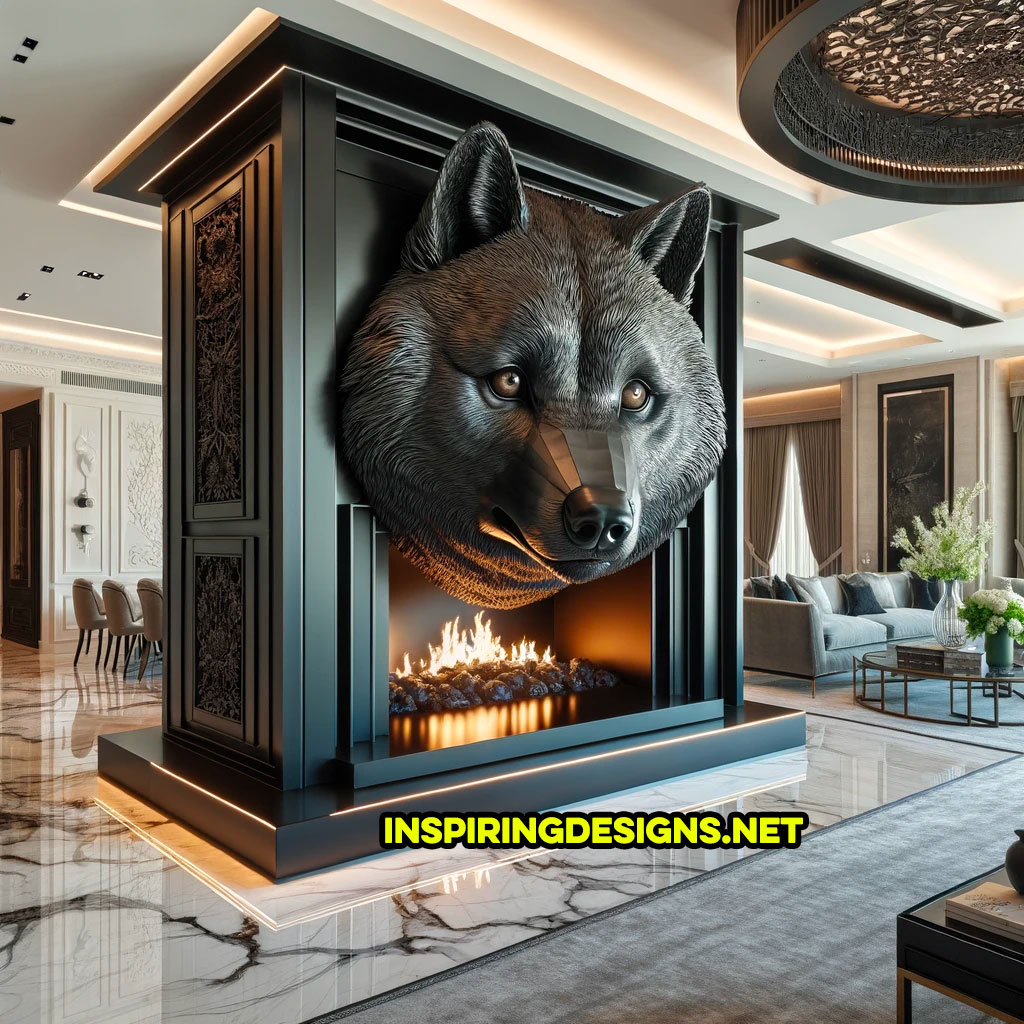 Giant wolf shaped fireplace
