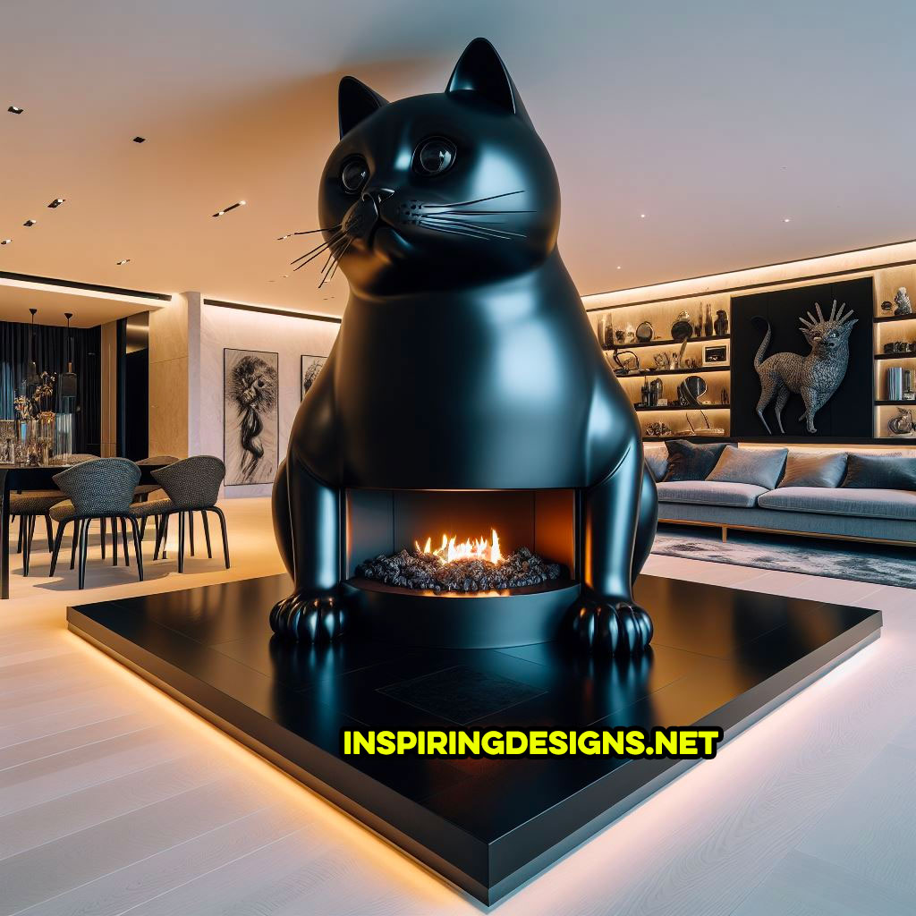 Giant black cat shaped fireplace