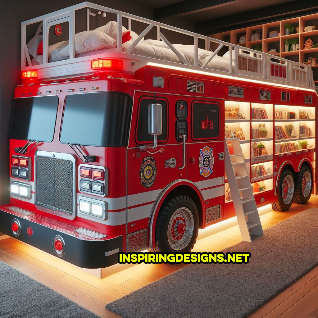 Firetruck Bunk Bed With Library