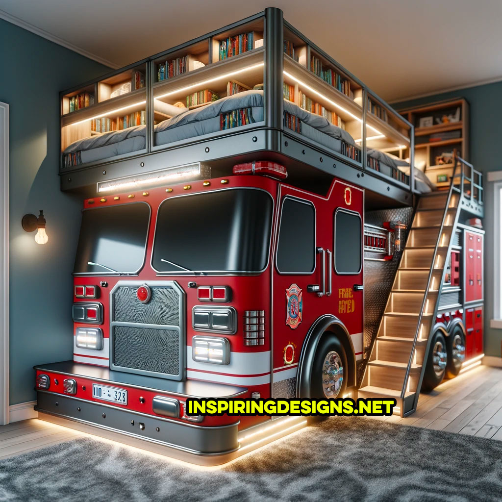 Firetruck Bunk Bed With Library