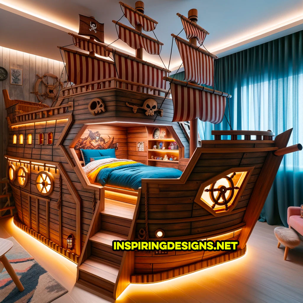 Giant Pirate Ship Bunk Beds with attached play areas