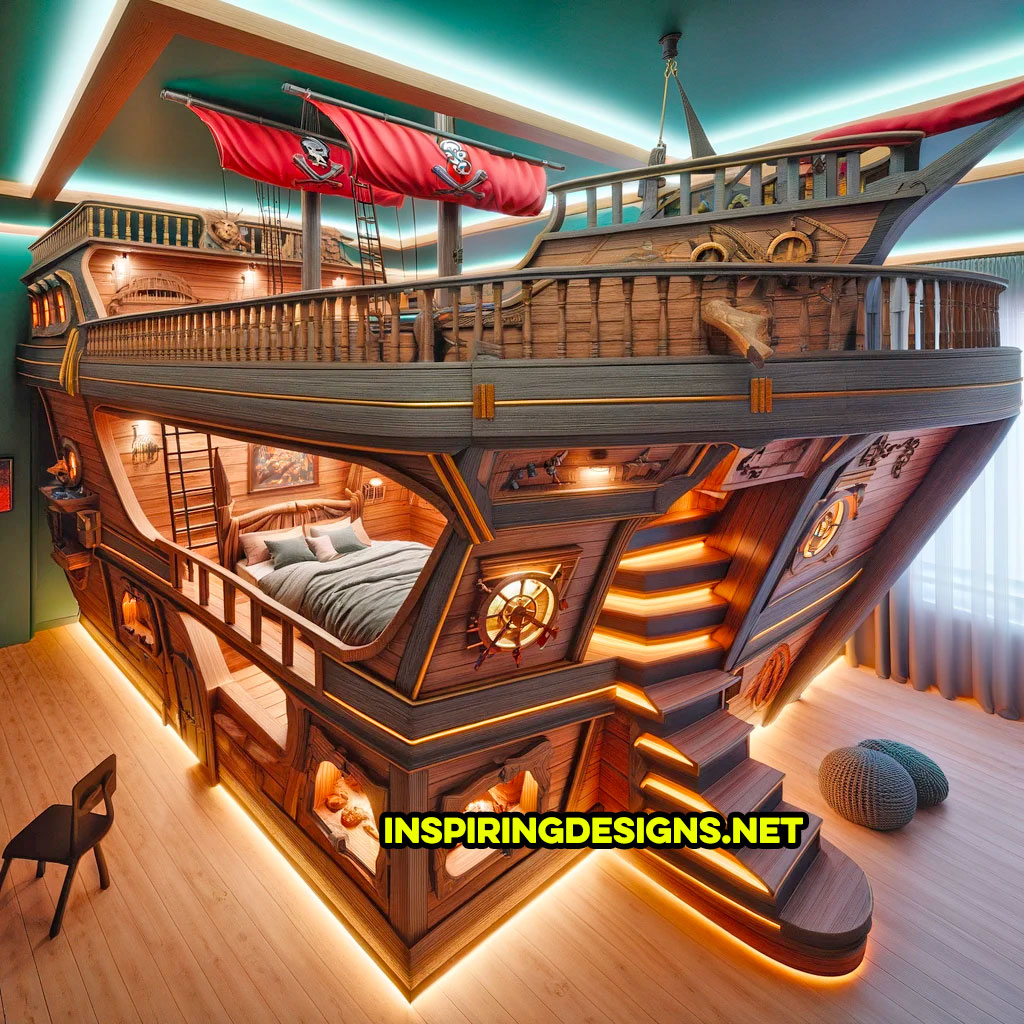 Giant Pirate Ship Bunk Beds with attached play areas