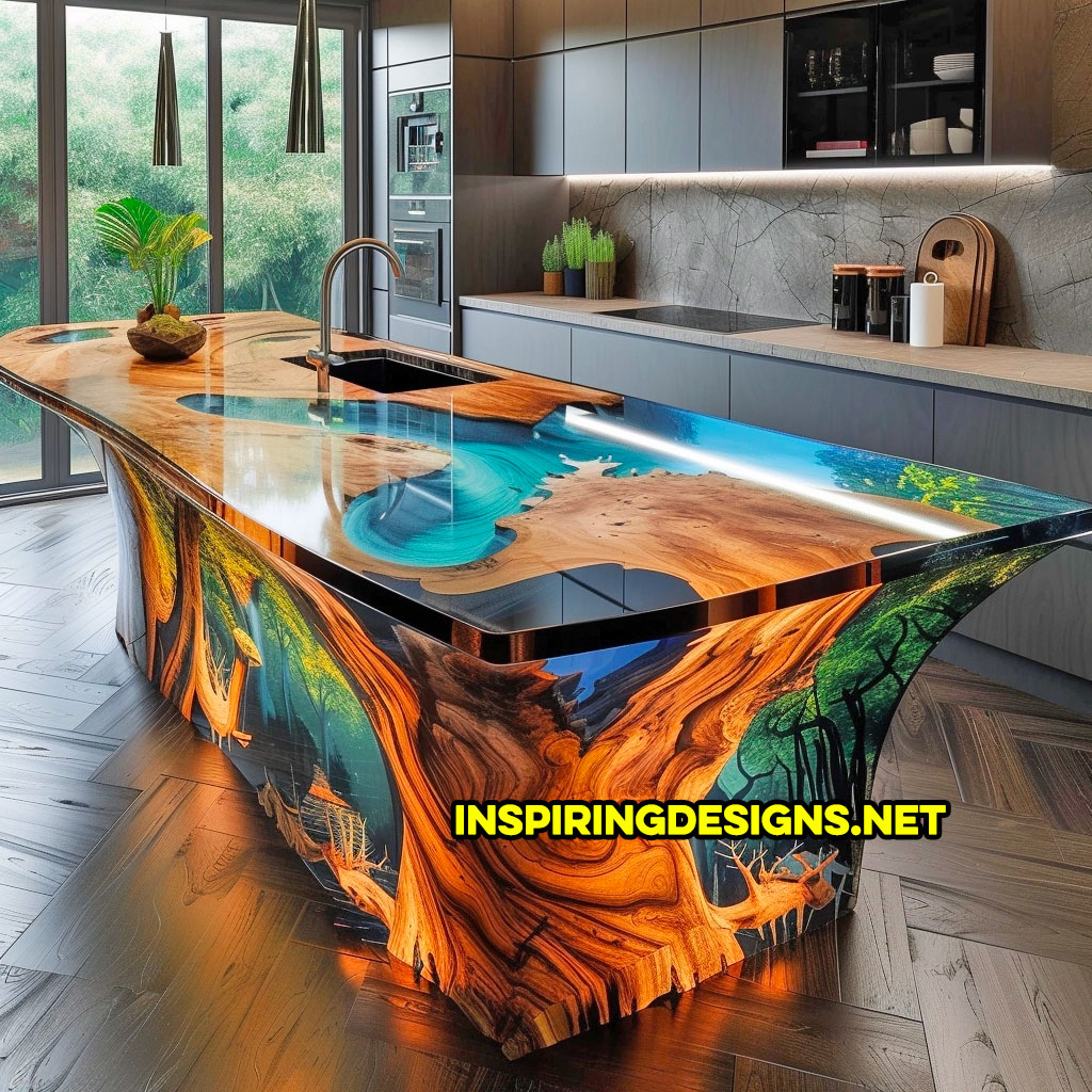 Wood and Epoxy Kitchen Islands With Nature Designs