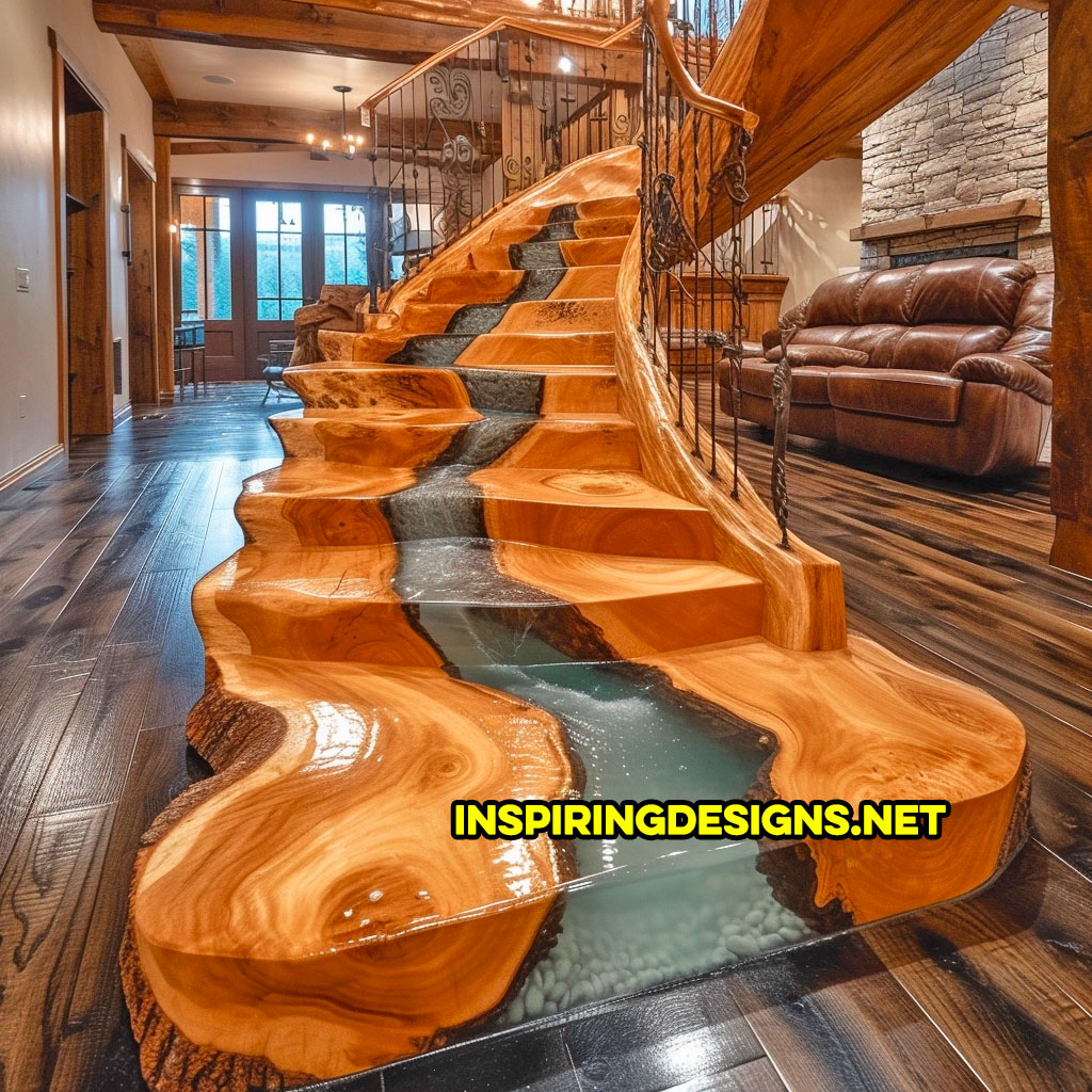 Wood staircase with an epoxy river down the middle of it