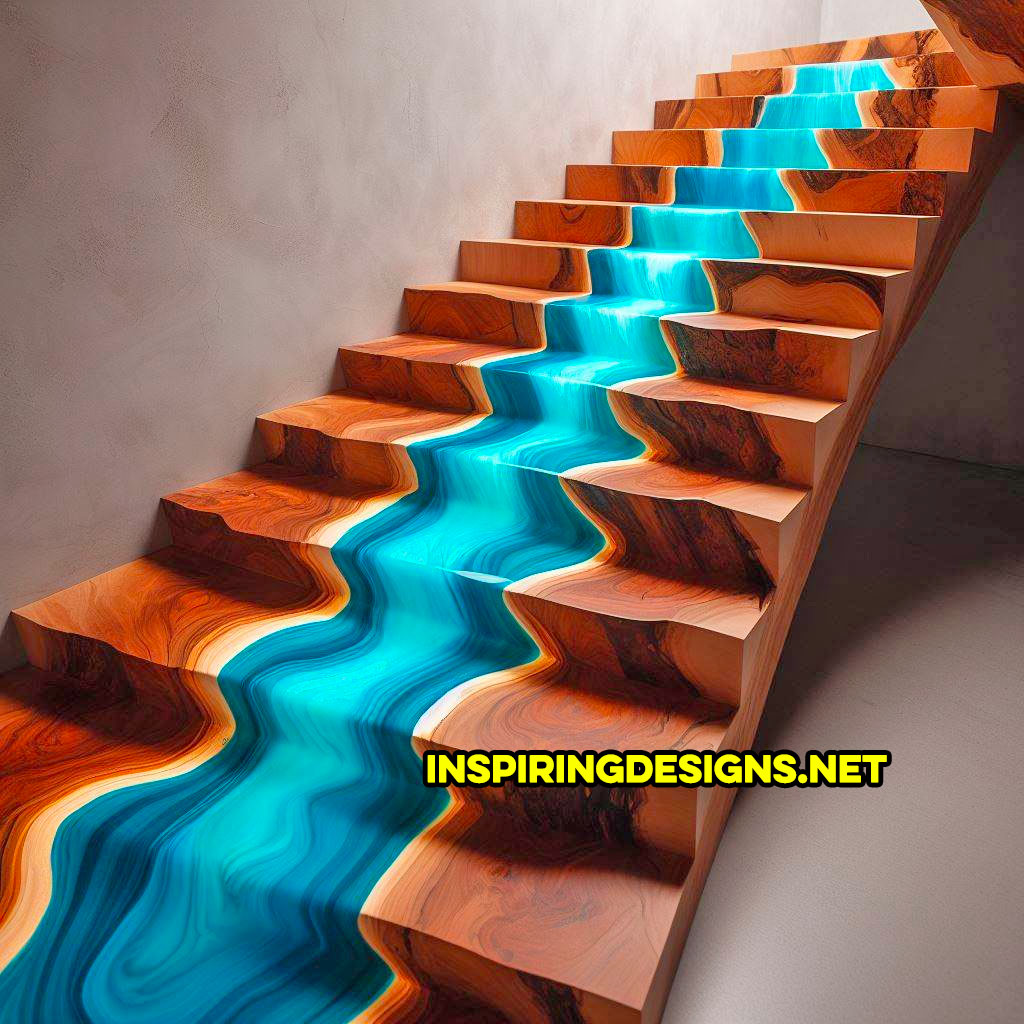 Wood staircase with an epoxy river down the middle of it