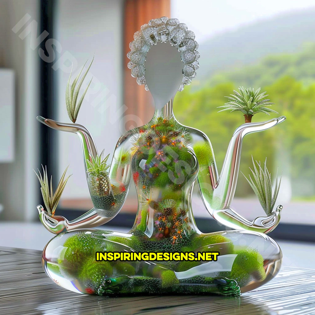 Meditating Woman Glass Air Plant Sculptures