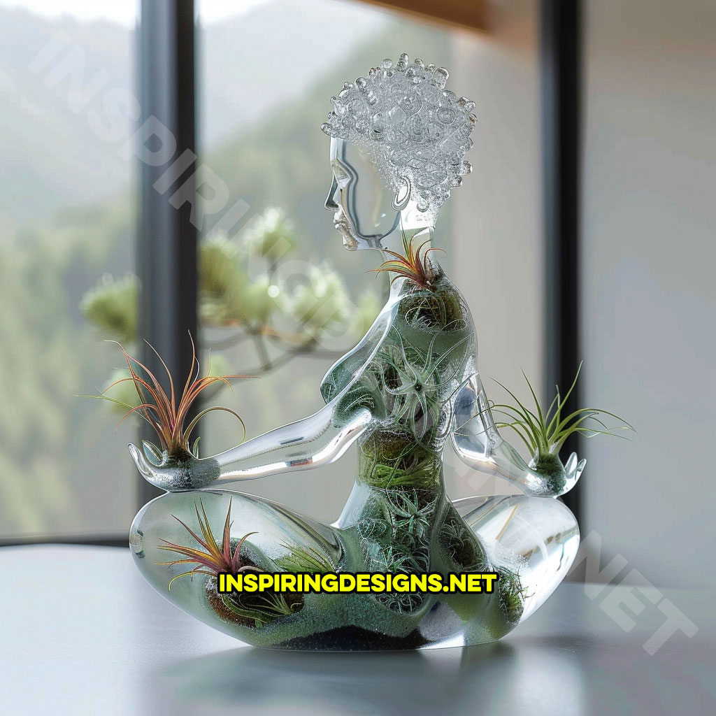 Meditating Woman Glass Air Plant Sculptures