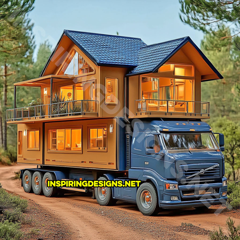 house shaped RV in a blue and brown color