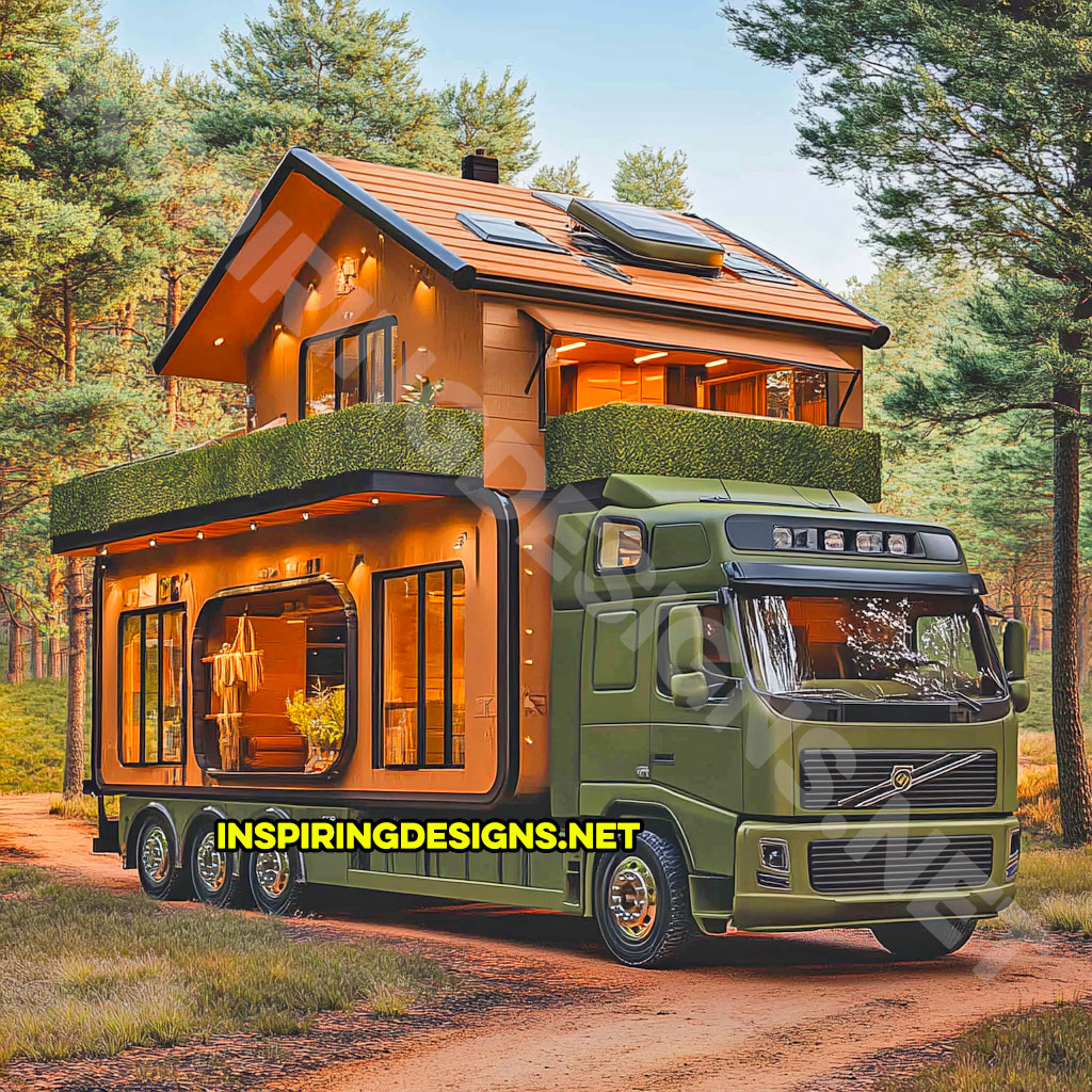 house shaped RV in a green and brown color