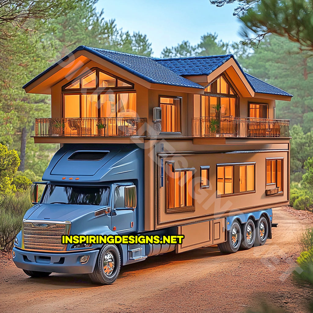 house shaped RV in a blue and brown