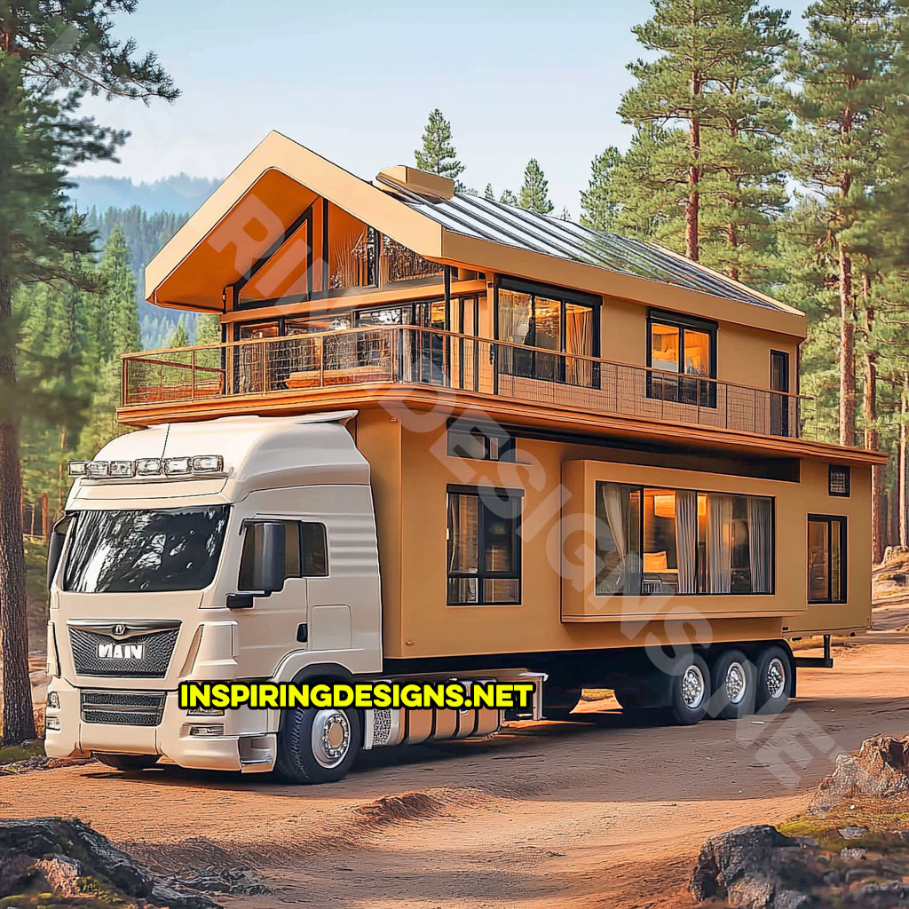 house shaped RV in a white and brown