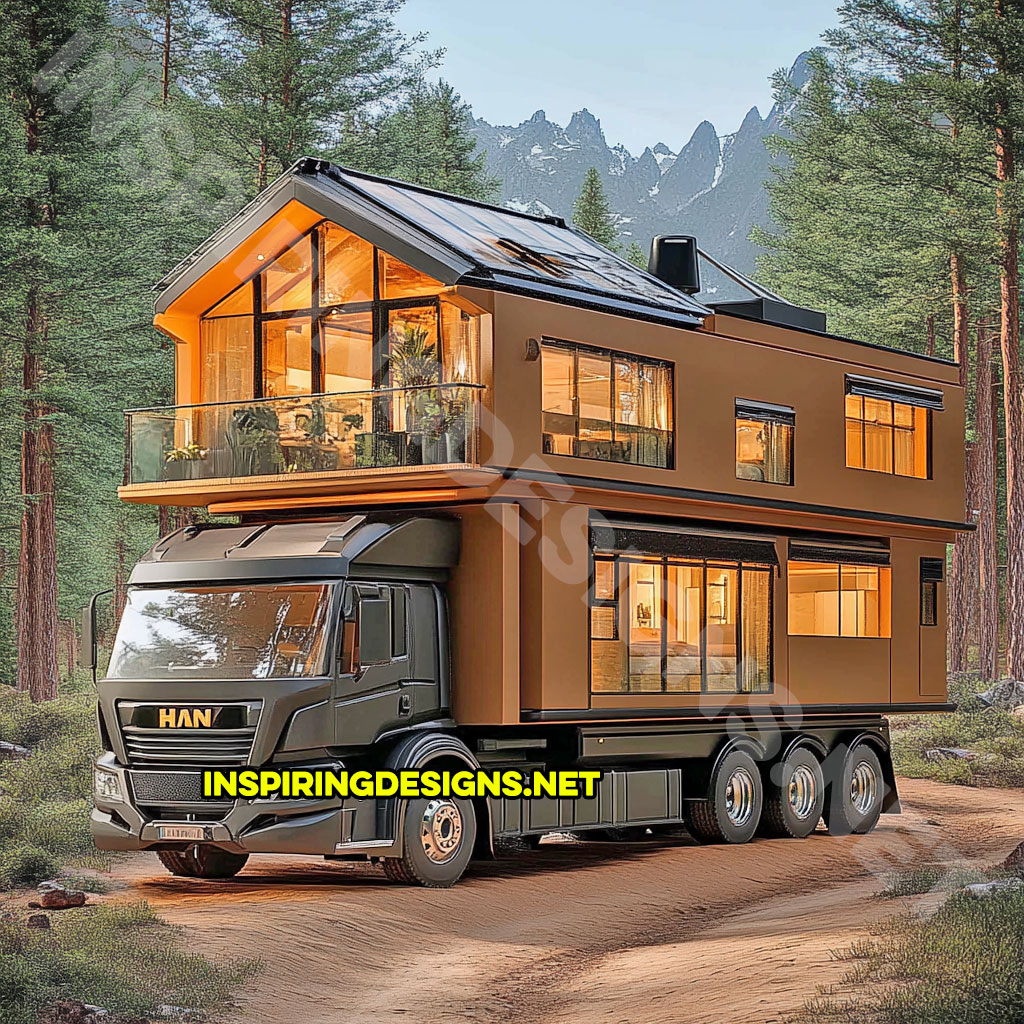 house shaped RV in a green and brown color