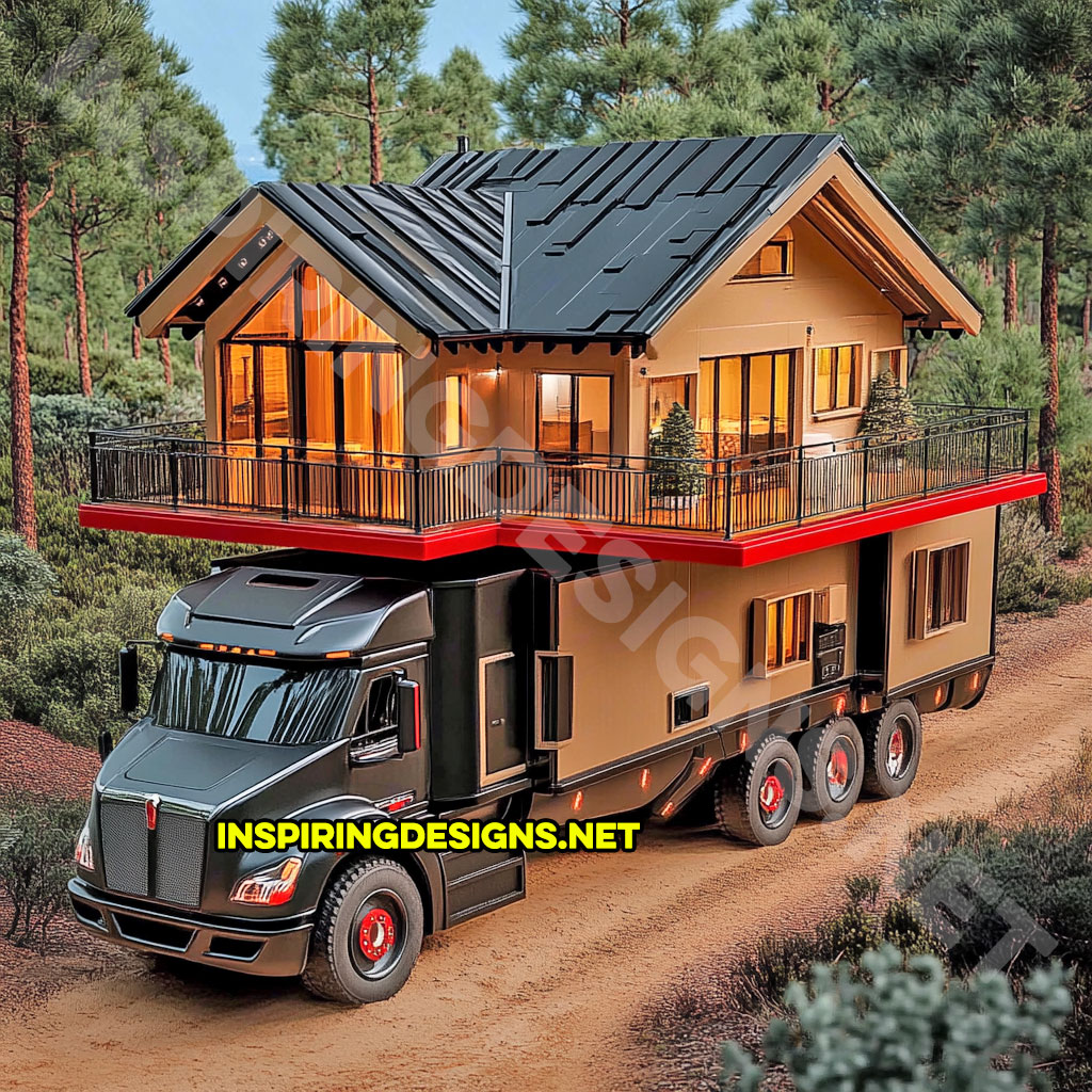 house shaped RV in a red and black