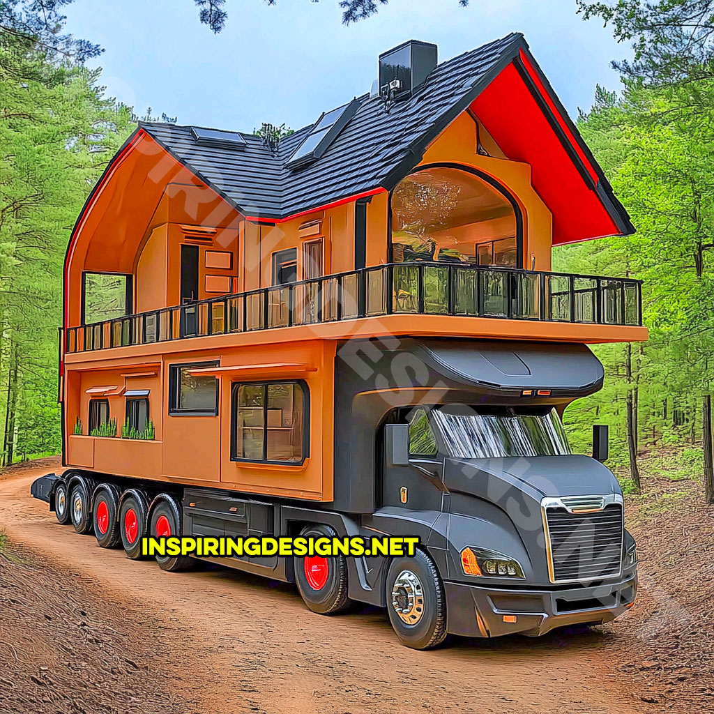 house shaped RV in a red and black color