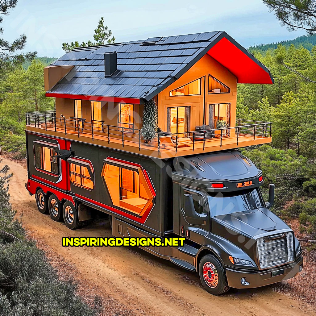 house shaped RV in a red and black