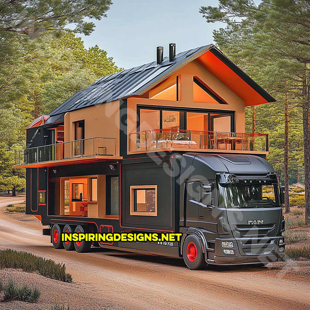 house shaped RV in a red and black color