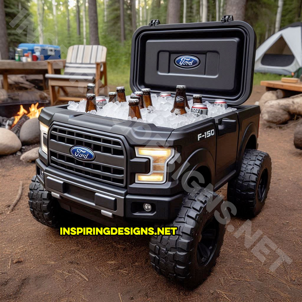 pickup truck shaped cooler in black color inspired from a Ford F-150