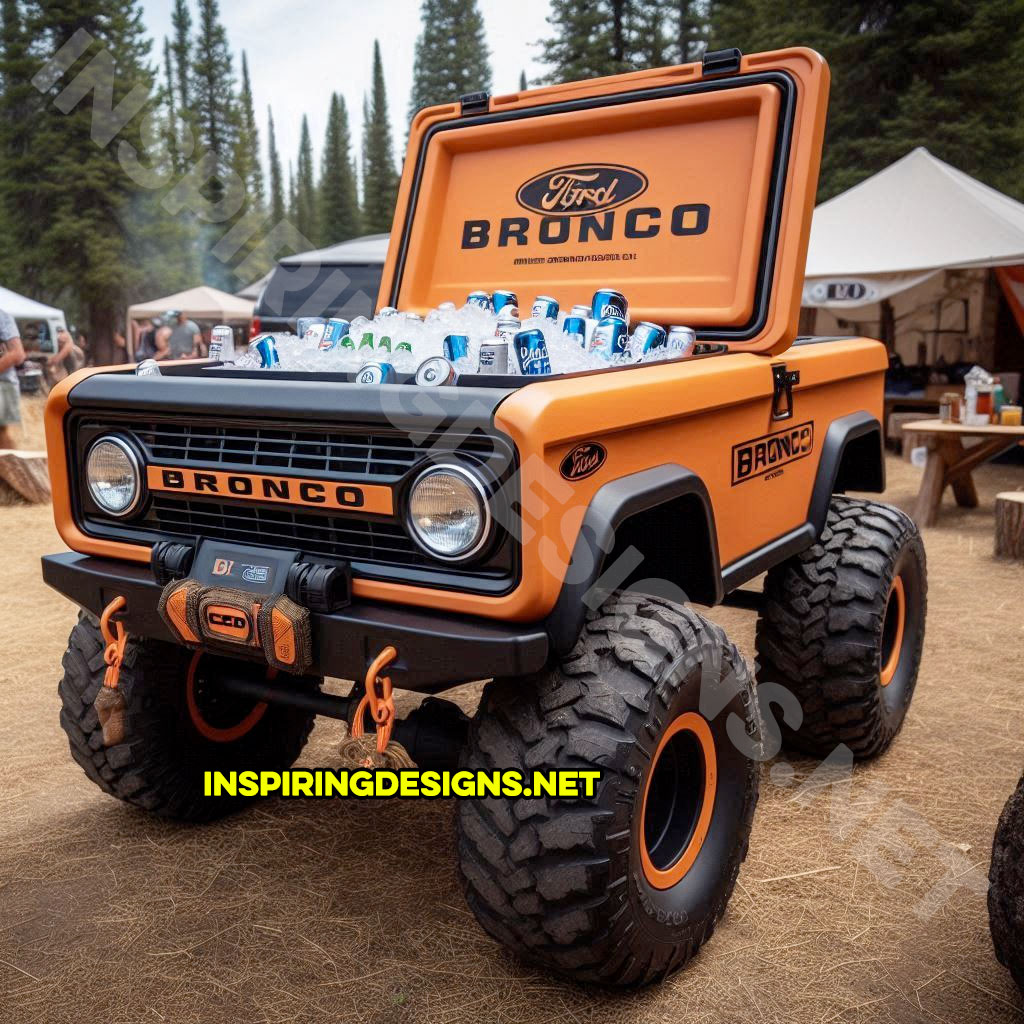 pickup truck shaped cooler in orange and black color inspired from a Ford Bronco