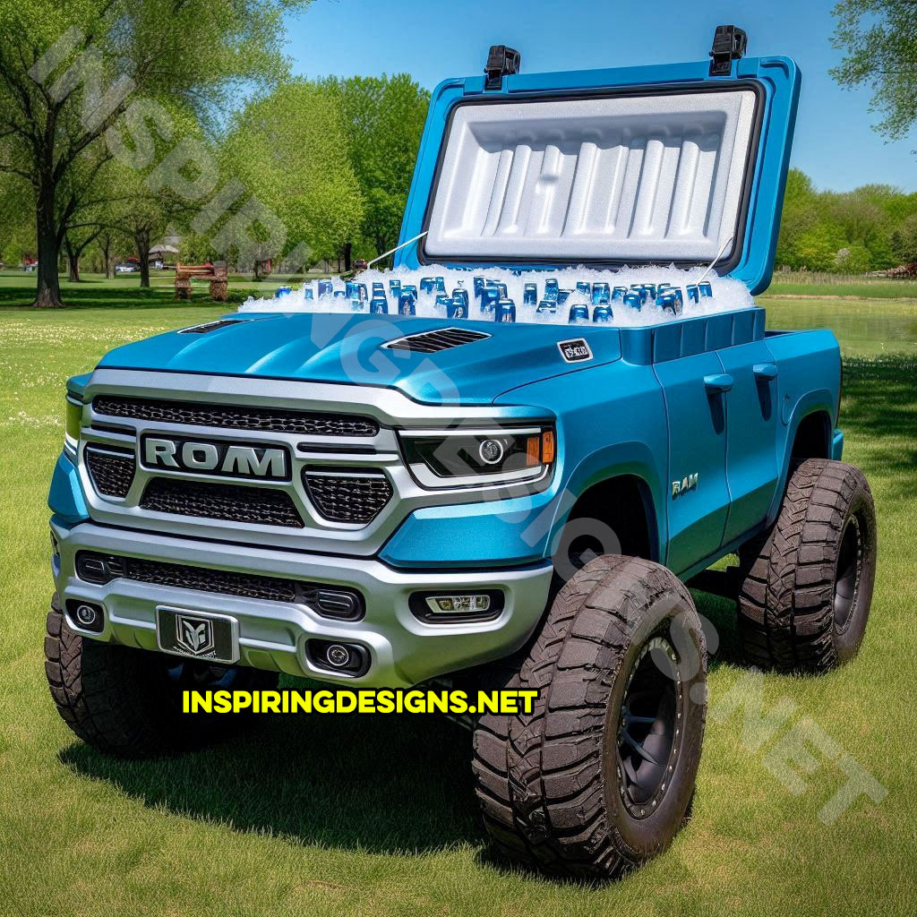 pickup truck shaped cooler in blue color inspired from a Dodge Ram