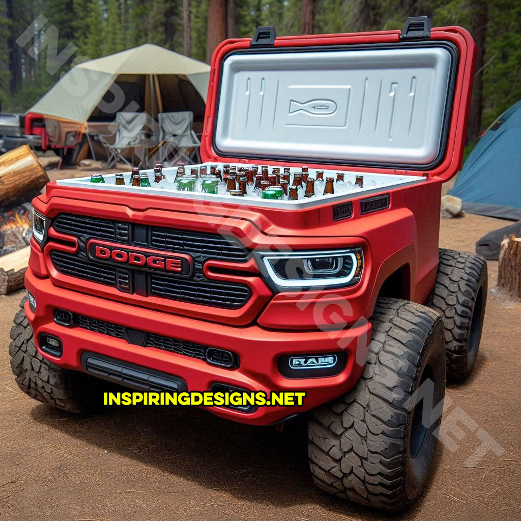 pickup truck shaped cooler in red color inspired from a Dodge Ram