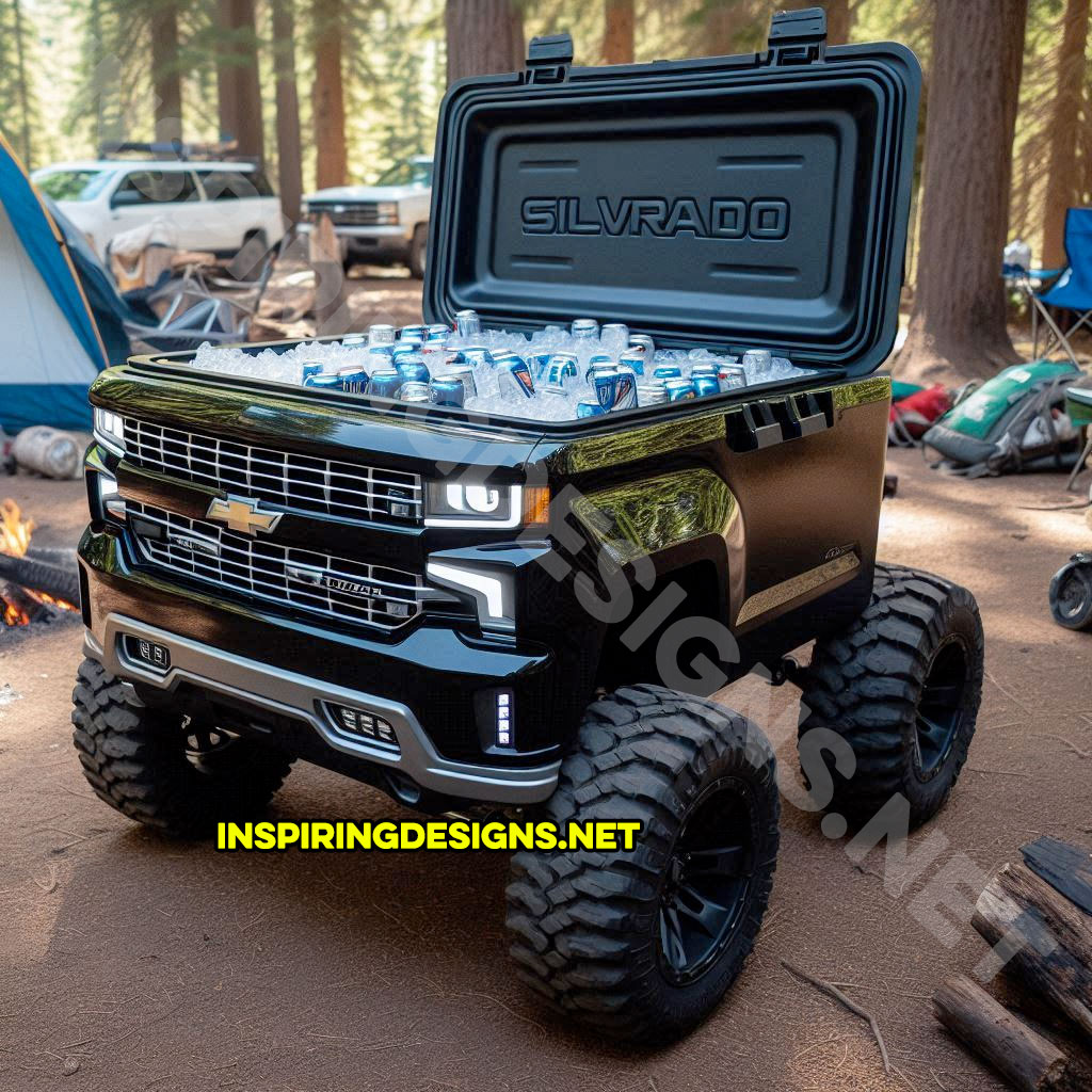 pickup truck shaped cooler in black color inspired from a Chevy Silverado