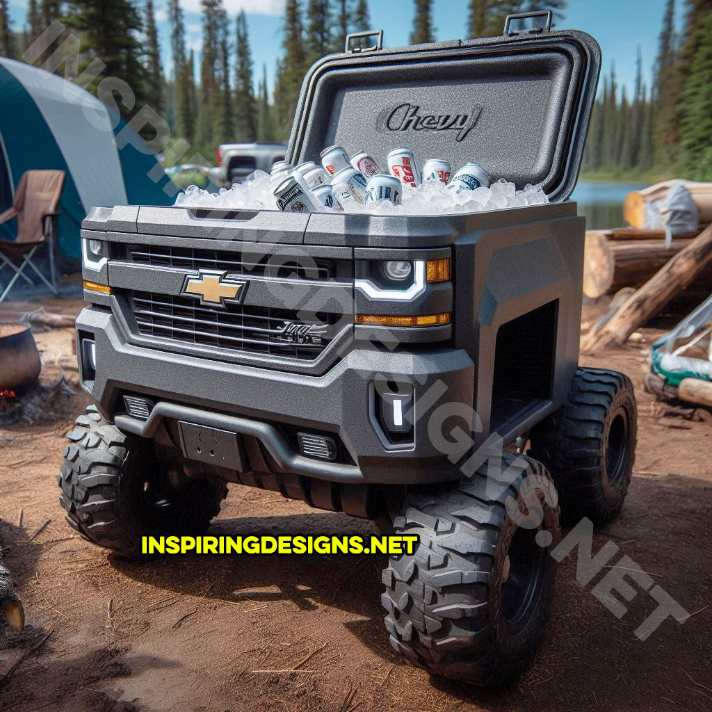 pickup truck shaped cooler in silver color inspired from a Chevrolet Silverado