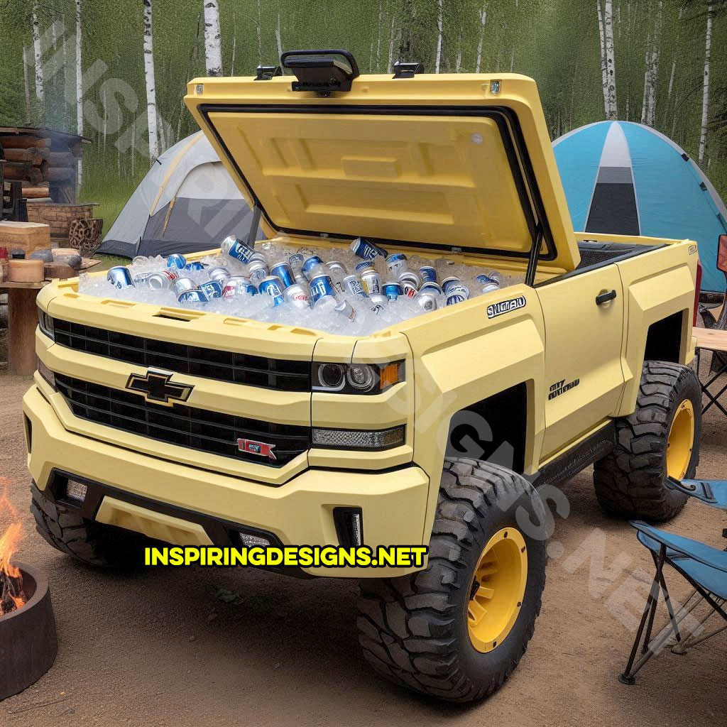 pickup truck shaped cooler in yellow color inspired from a Chevy Silverado