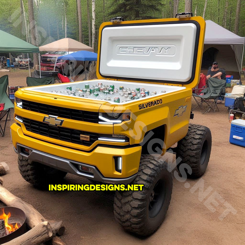 pickup truck shaped cooler in yellow color inspired from a Chevrolet Silverado