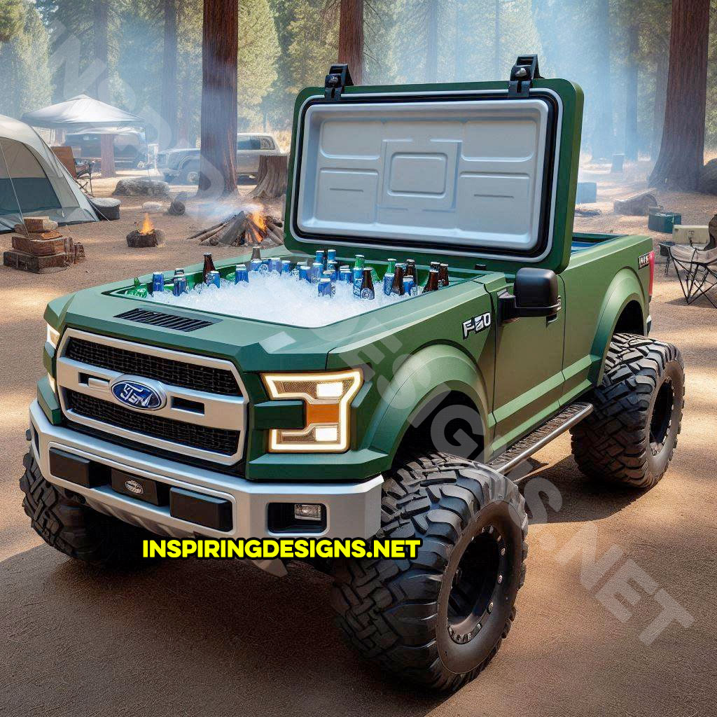 pickup truck shaped cooler in green color inspired from a Ford F-150