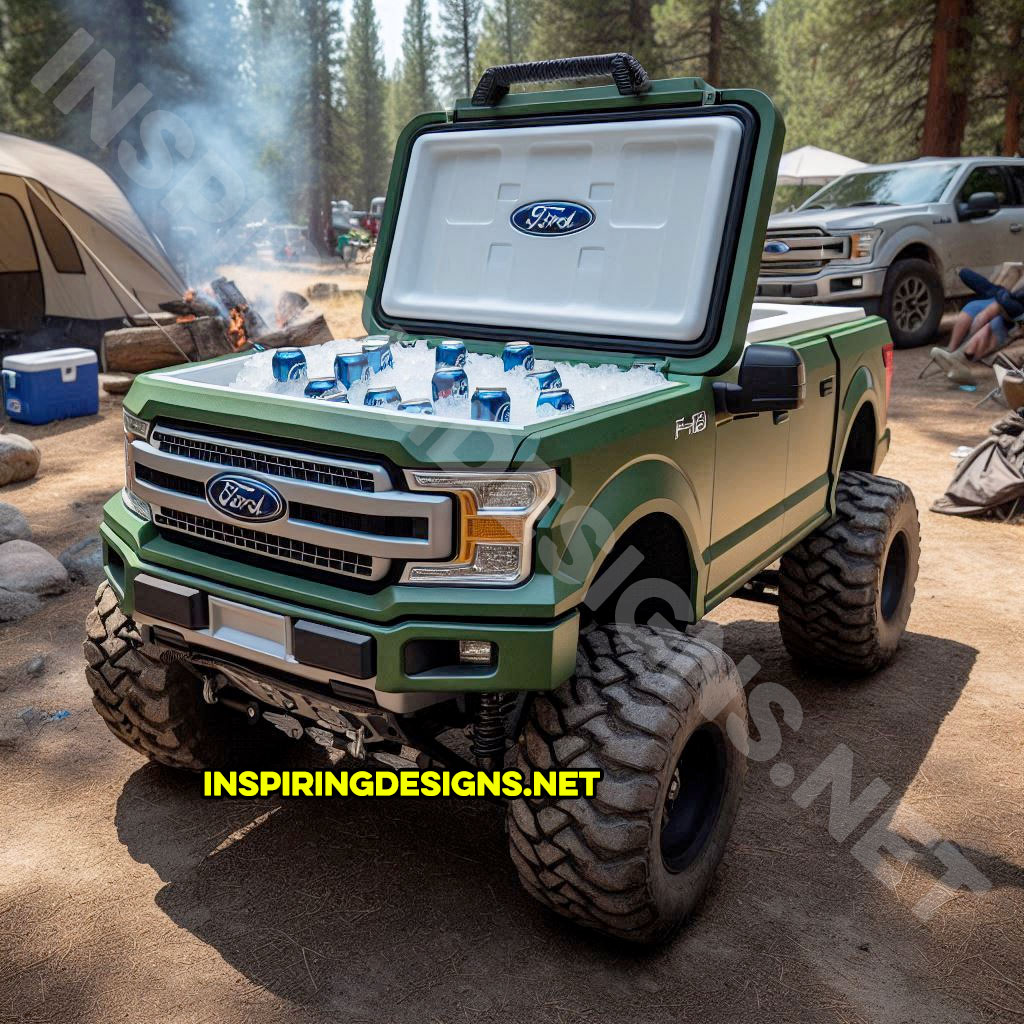 pickup truck shaped cooler in green color inspired from a Ford F-150