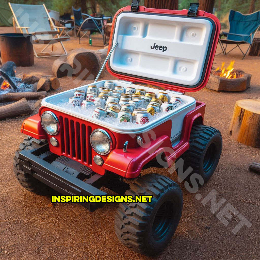 pickup truck shaped cooler in red color inspired from a Jeep Wrangler