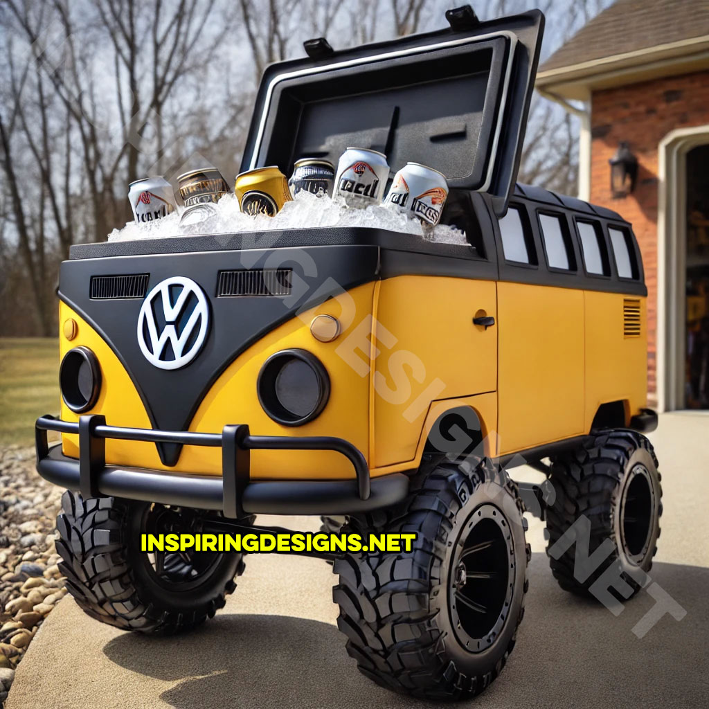 pickup truck shaped cooler in yellow color inspired from a Volkswagen Type 2 Bus