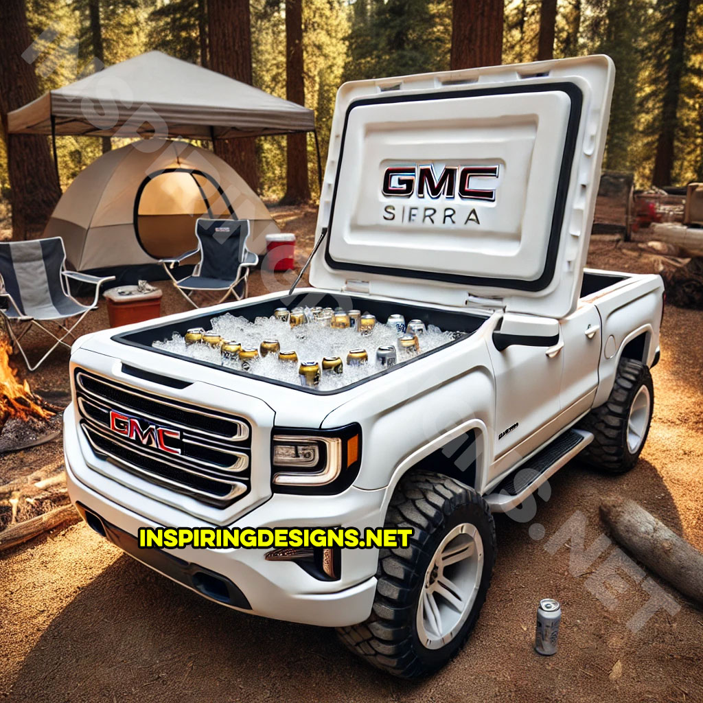 pickup truck shaped cooler in white color inspired from a GMC Sierra