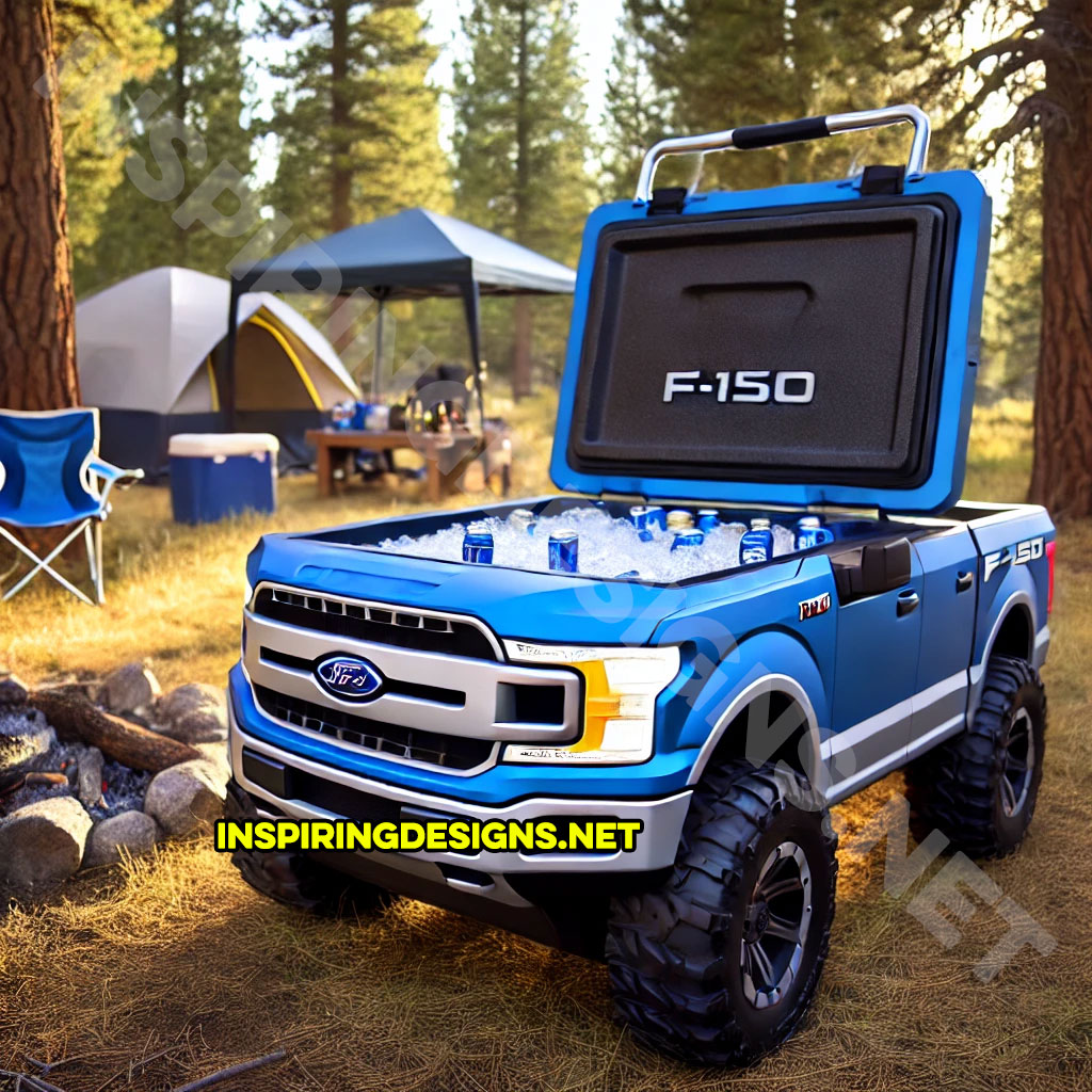 pickup truck shaped cooler in blue color inspired from a Ford F-150