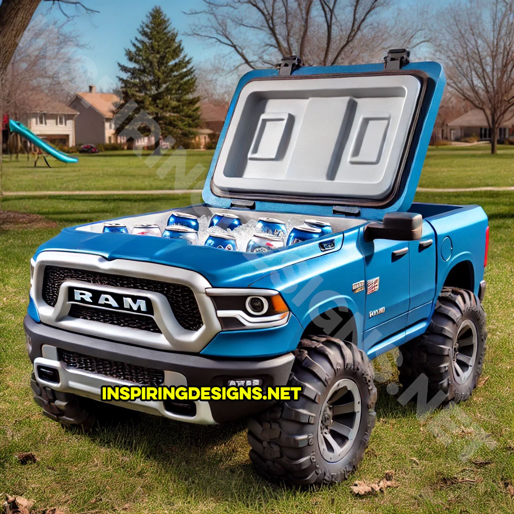 pickup truck shaped cooler in blue color inspired from a Dodge Ram